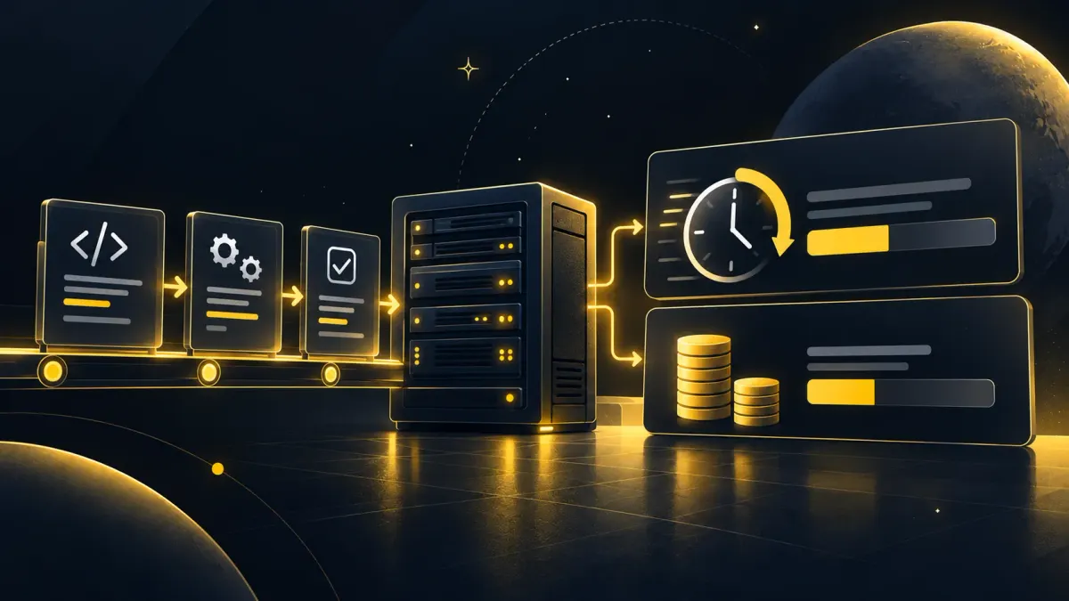 A website build pipeline feeds a server, with separate visuals for elapsed machine time and compute cost