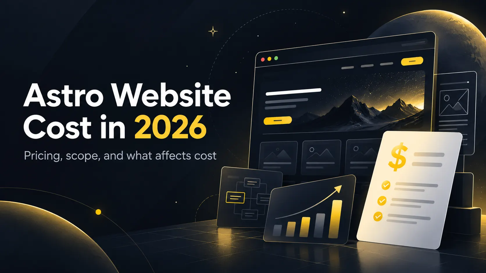 Illustrated guide cover: Astro website cost in 2026, pricing scope and cost factors