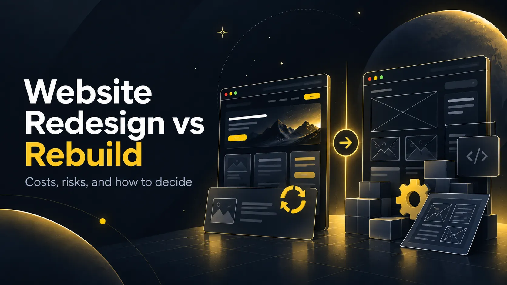 Illustrated guide cover comparing a website redesign with a rebuild