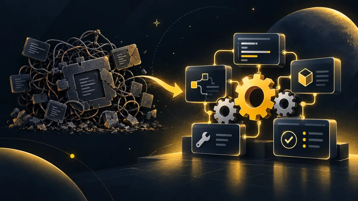 A tangled legacy compiler transforms into a modular, connected maintenance system