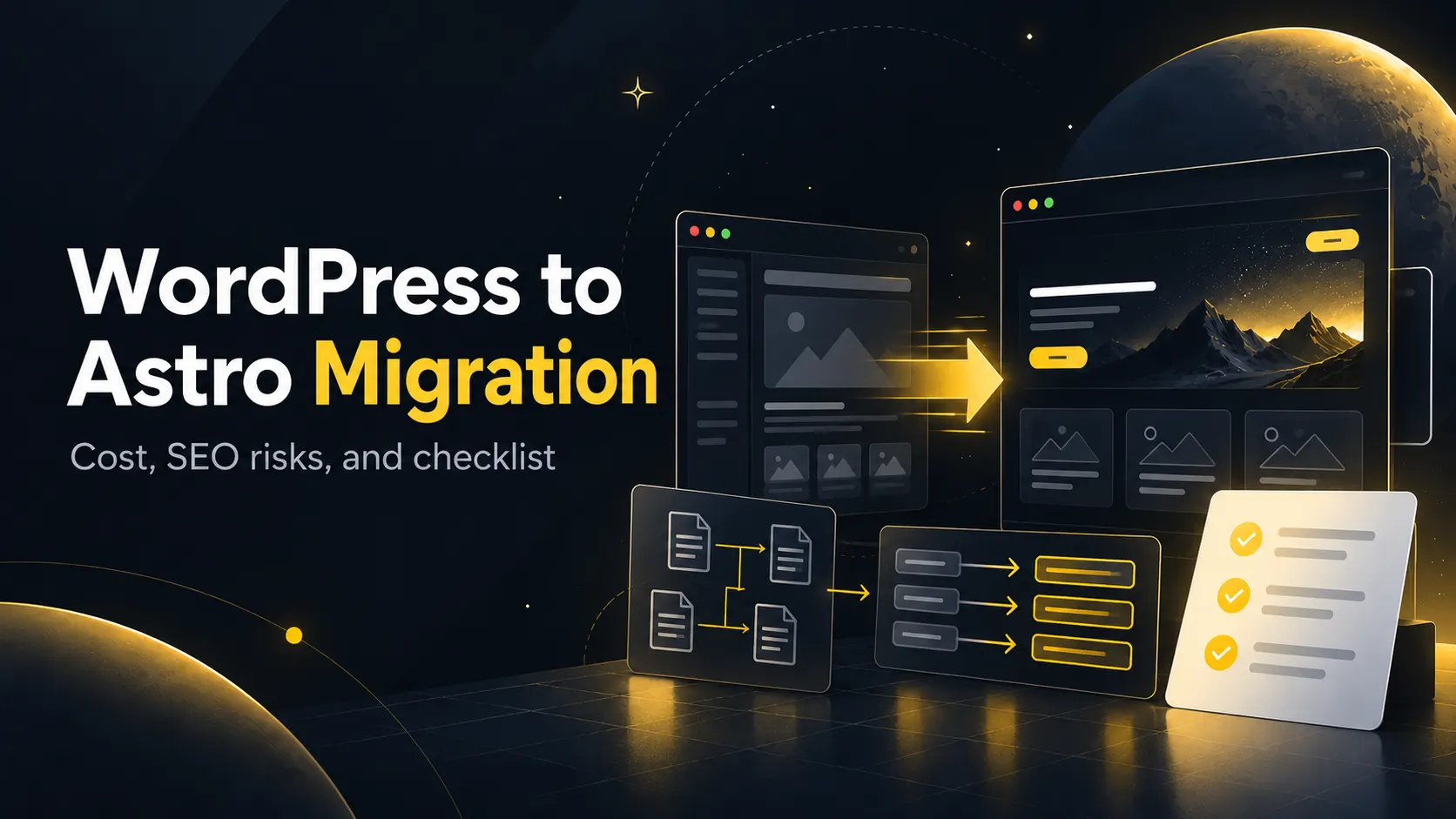 Illustrated guide cover showing a WordPress to Astro website migration