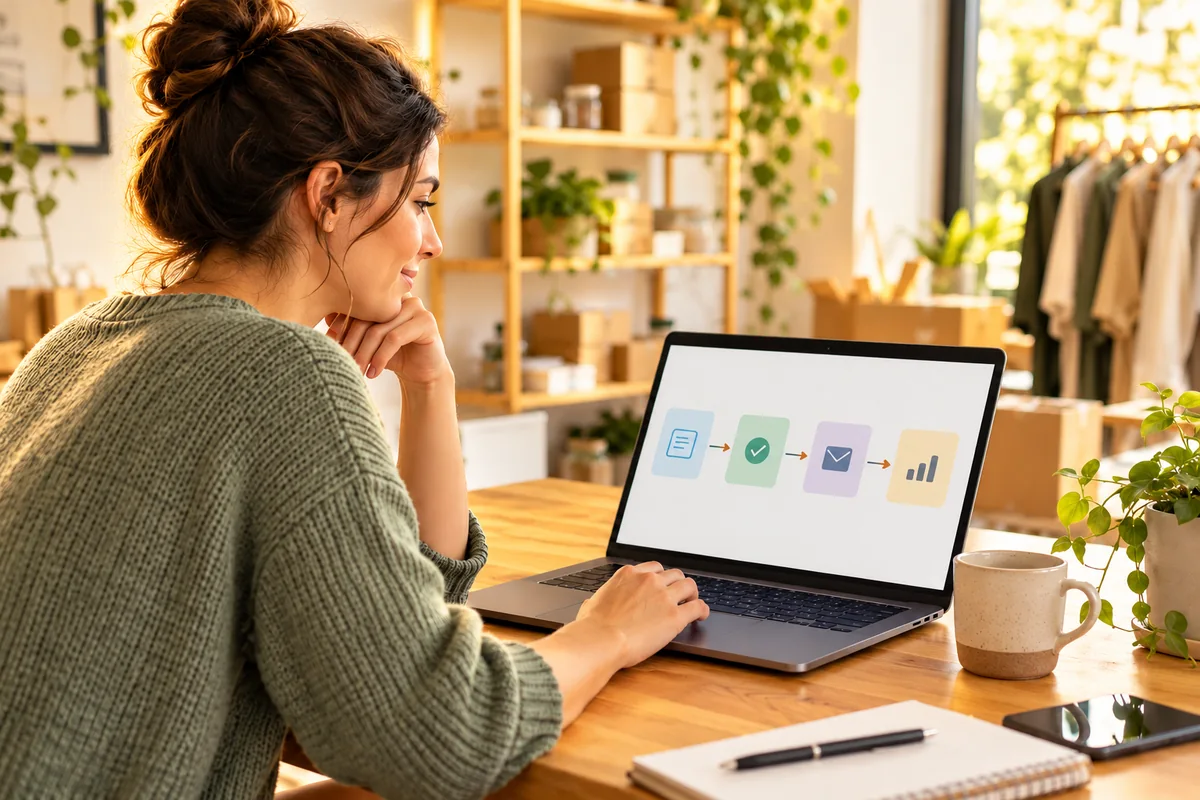 Business owner reviewing a simple automated workflow on a laptop