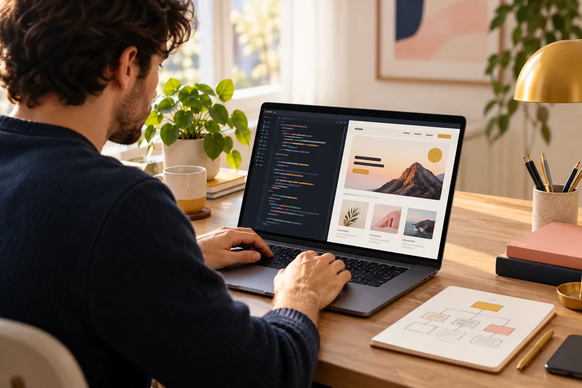 Illustrative Astro website development workspace with code and page preview