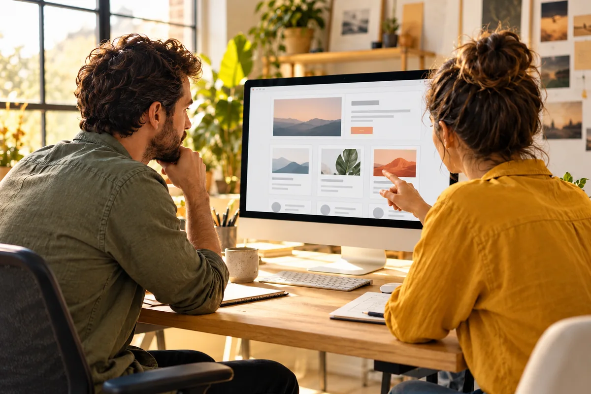 Team reviewing structured website content on a large monitor