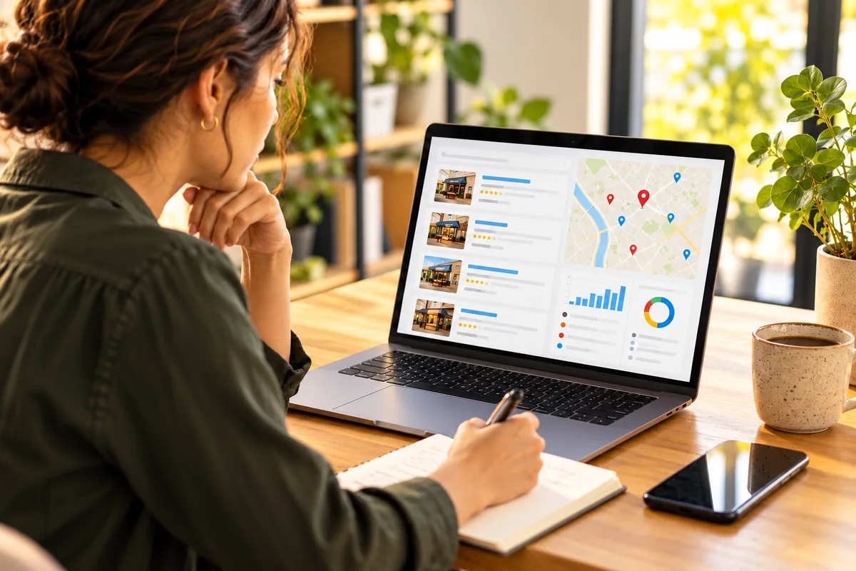 Business search visibility and local discovery information on a laptop