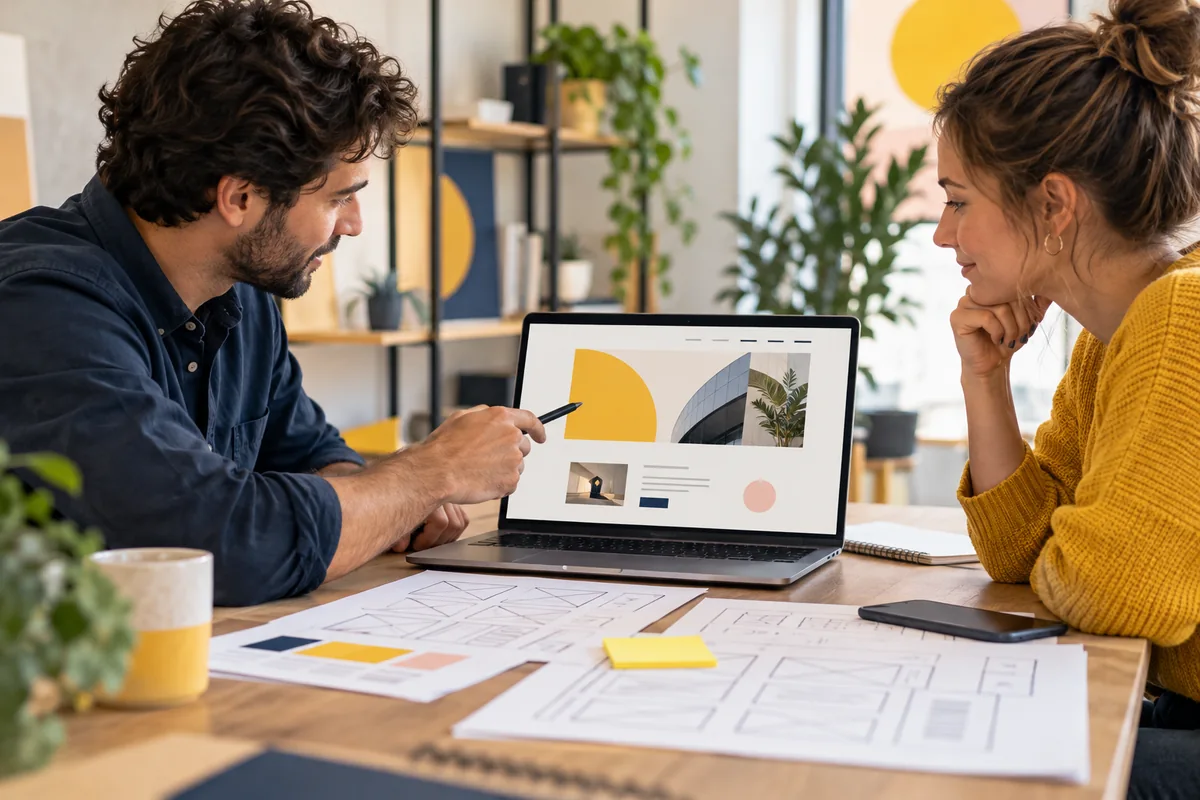 Illustrative website design collaboration around a laptop and page layouts