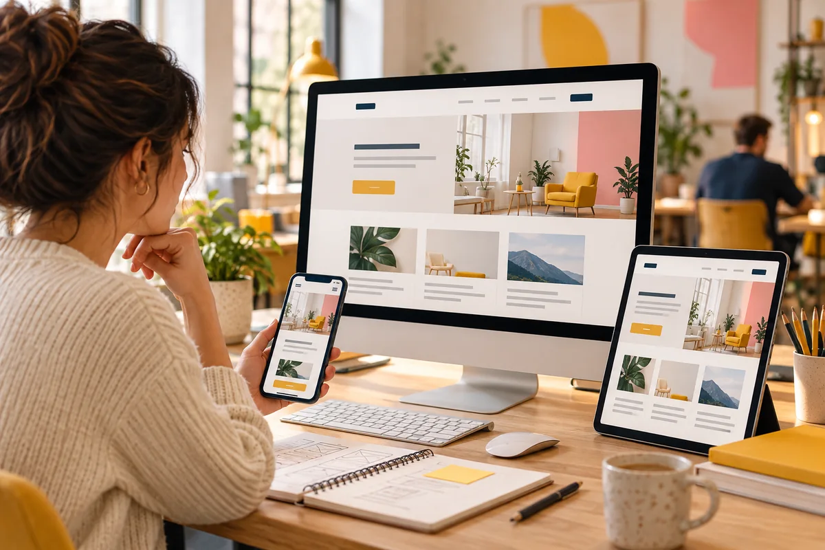 Illustrative responsive website testing across desktop, tablet and phone