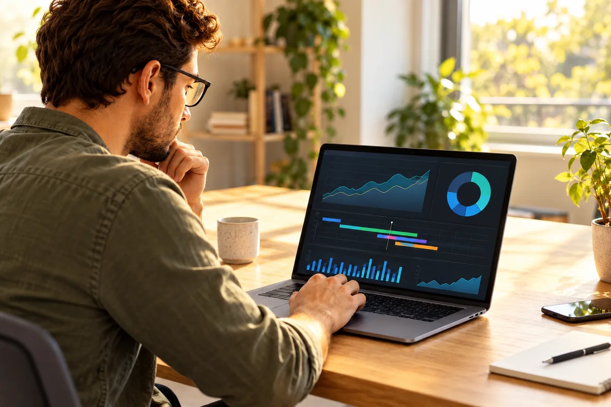 Website performance graphs being reviewed on a laptop