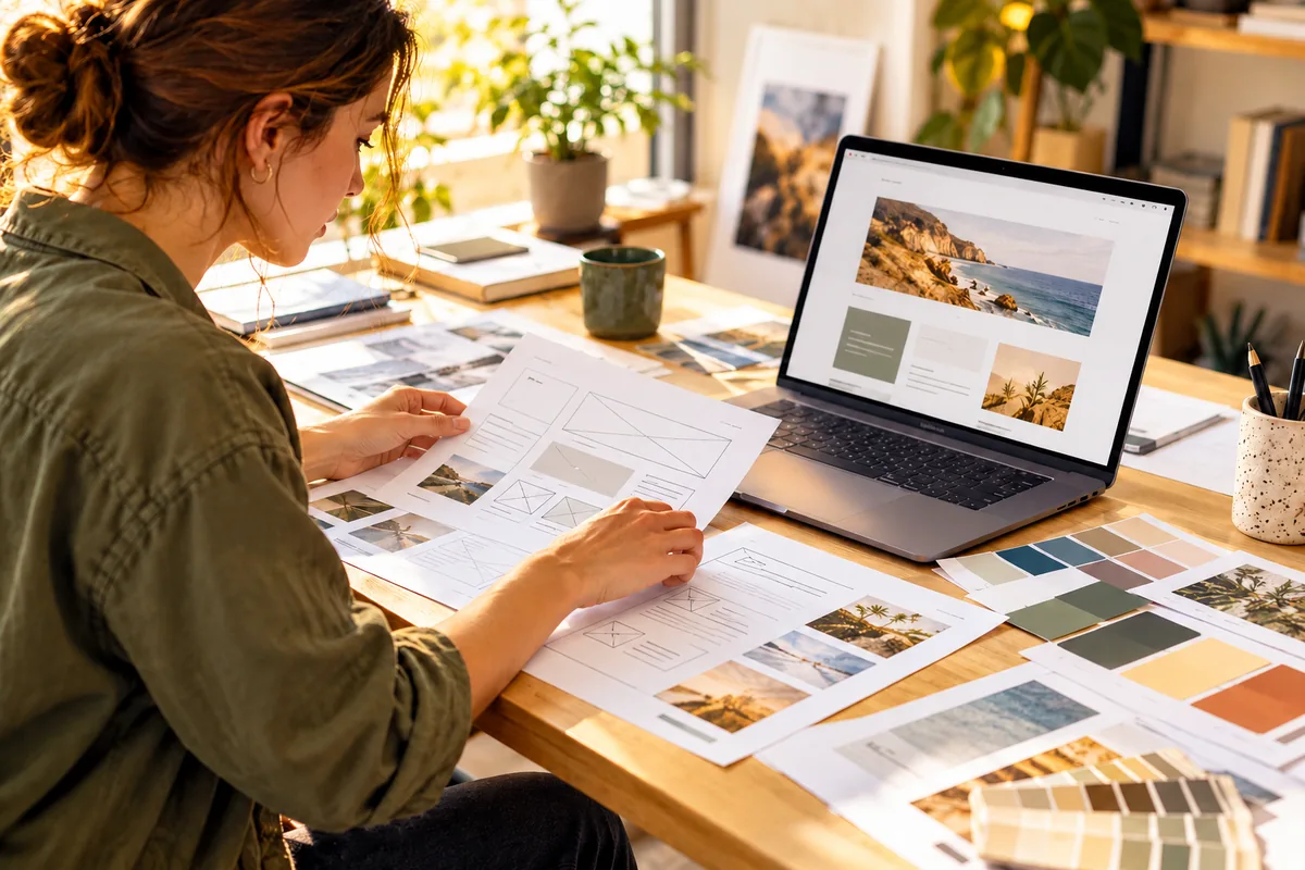 Web designer planning a refreshed business website with layouts and color samples