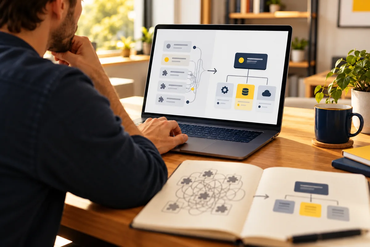 Developer reviewing a simplified website architecture on a laptop